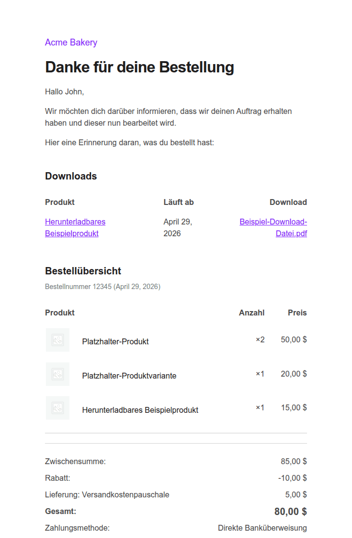 Same WooCommerce processing-order email in German: 'Danke für deine Bestellung' heading, 'Hallo John' greeting, Downloads / Bestellübersicht with translated product names.